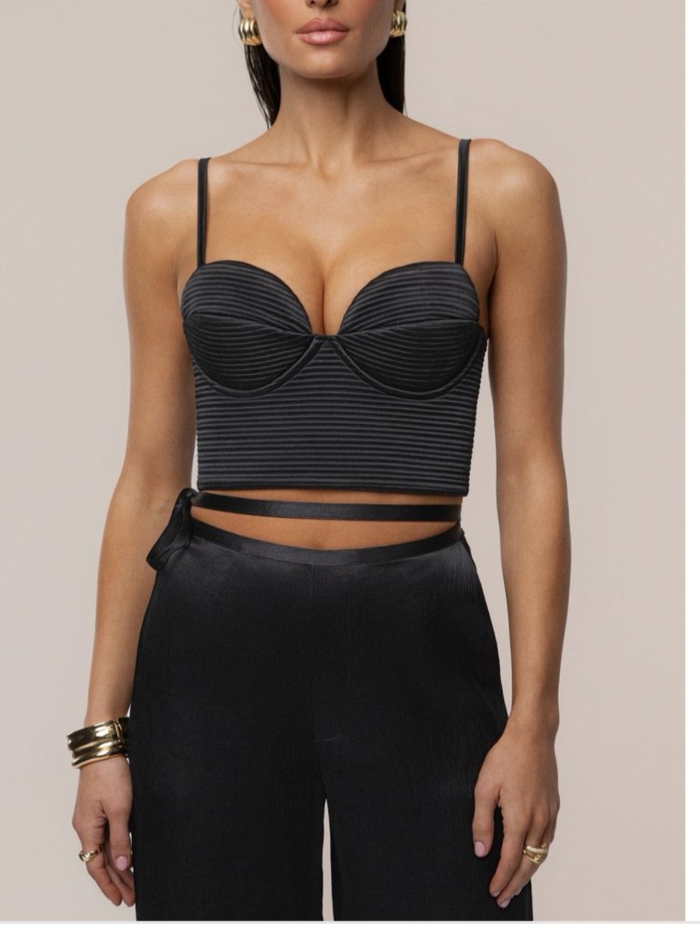 JLUXLABEL Black Ribbed Bustier Tank Top with Wrap Straps